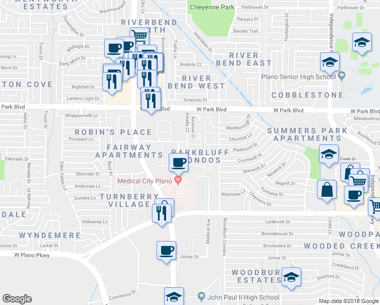 map of restaurants, bars, coffee shops, grocery stores, and more near 1700 Amelia Court in Plano