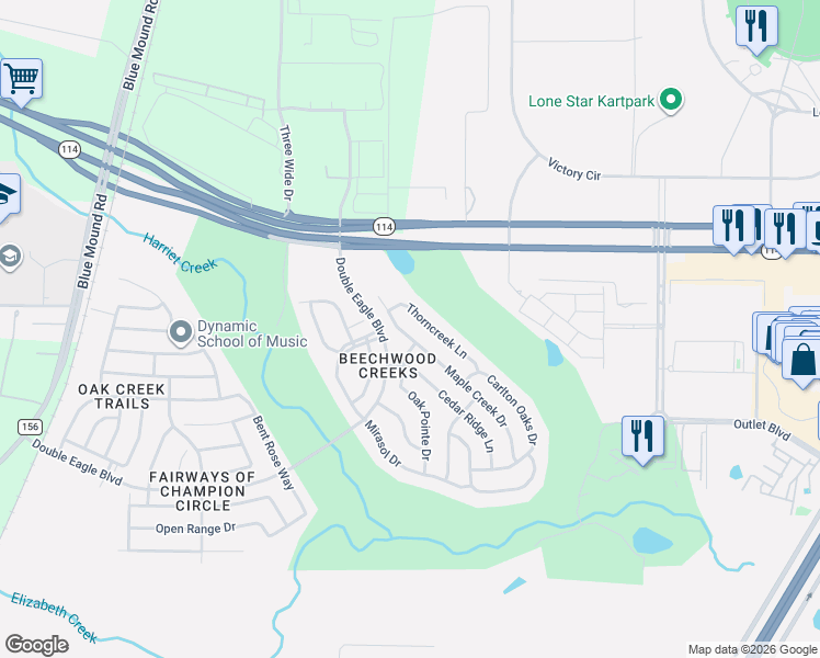 map of restaurants, bars, coffee shops, grocery stores, and more near 2732 Thorncreek Lane in Fort Worth