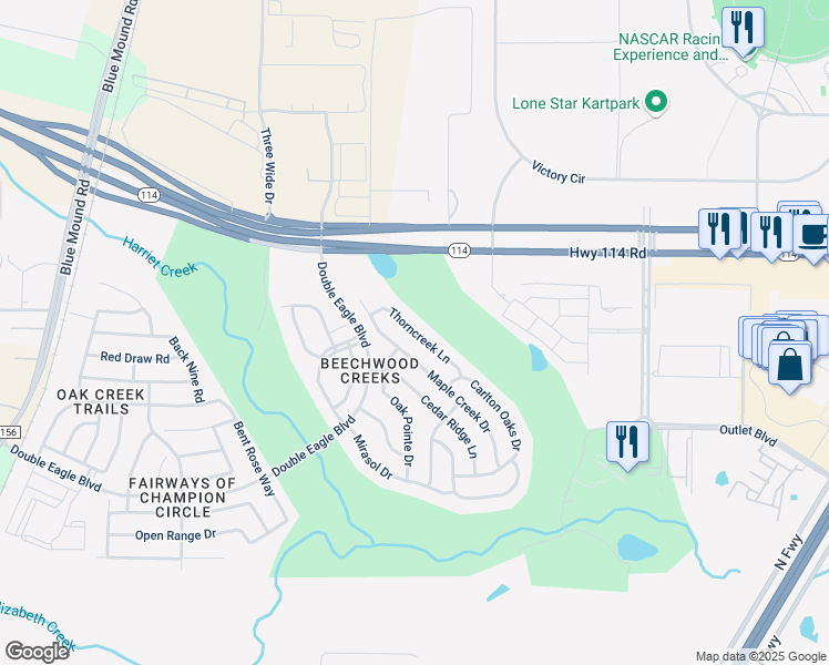 map of restaurants, bars, coffee shops, grocery stores, and more near 2749 Thorncreek Lane in Fort Worth