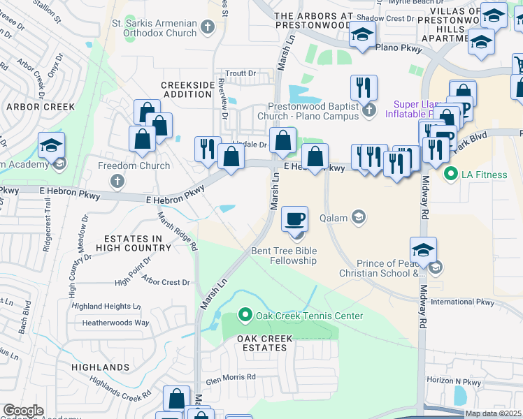 map of restaurants, bars, coffee shops, grocery stores, and more near 4229 Marsh Lane in Carrollton