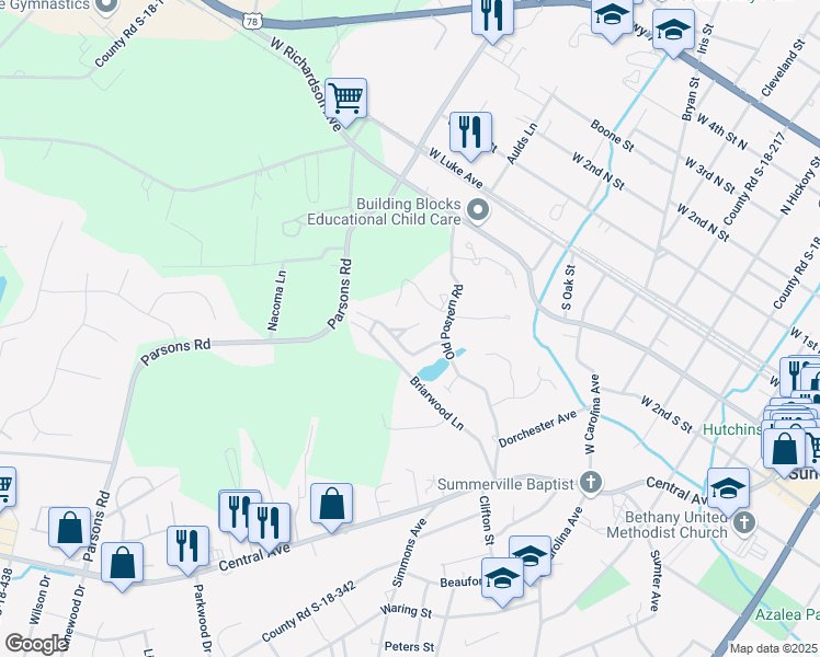 map of restaurants, bars, coffee shops, grocery stores, and more near 100 Scott Court in Summerville