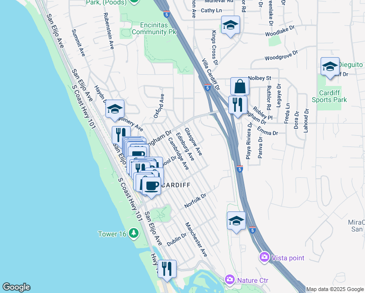 map of restaurants, bars, coffee shops, grocery stores, and more near 2072 Edinburg Avenue in Encinitas