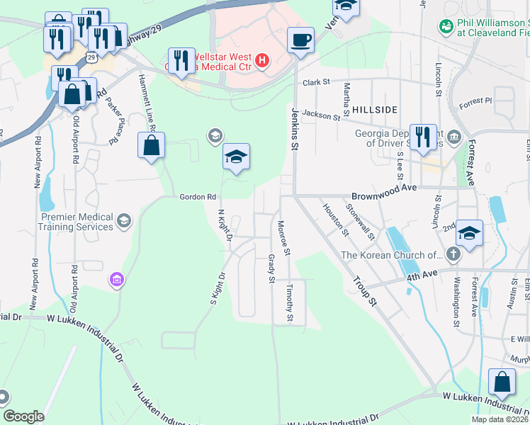 map of restaurants, bars, coffee shops, grocery stores, and more near 804 Creed Street in LaGrange