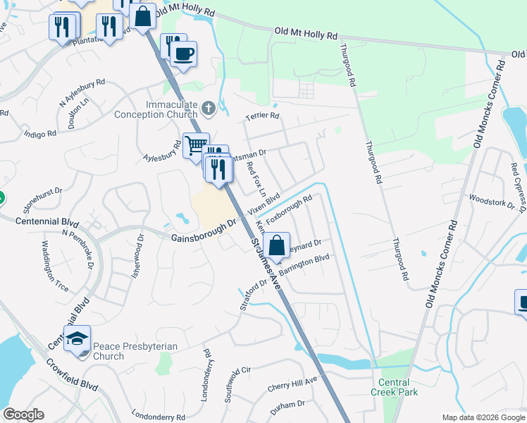 map of restaurants, bars, coffee shops, grocery stores, and more near 307 Vixen Boulevard in Goose Creek