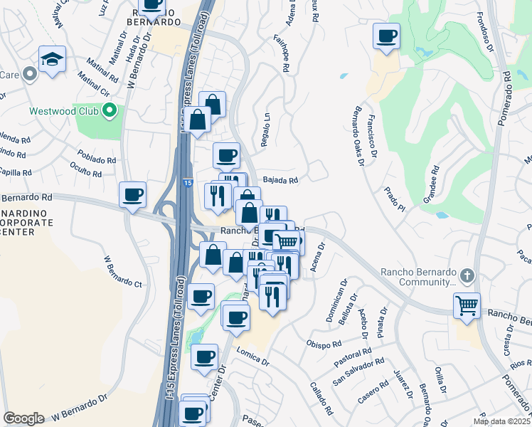 map of restaurants, bars, coffee shops, grocery stores, and more near 17071 Bernardo Center Drive in San Diego