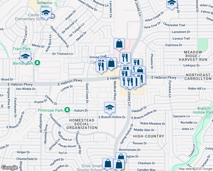map of restaurants, bars, coffee shops, grocery stores, and more near 1853 Brookview Drive in Carrollton
