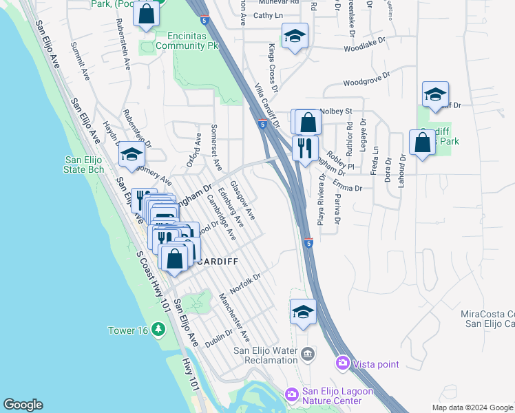 map of restaurants, bars, coffee shops, grocery stores, and more near 527 Liverpool Drive in Encinitas