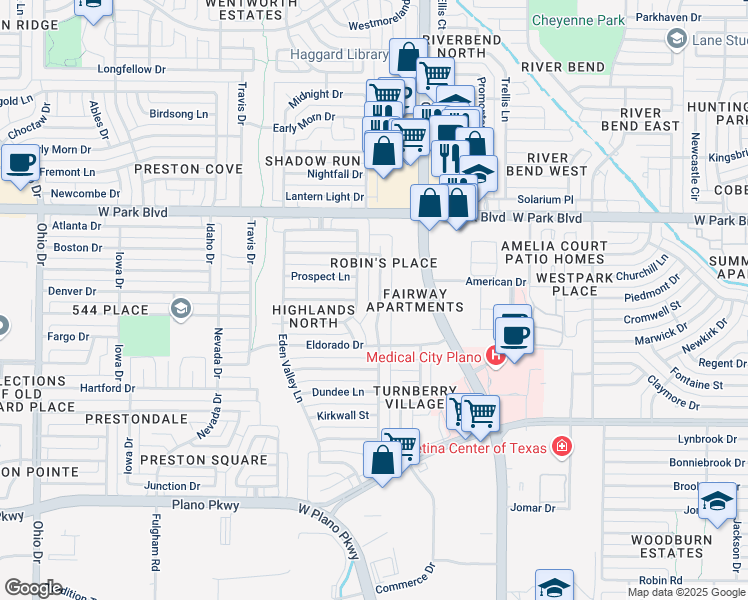 map of restaurants, bars, coffee shops, grocery stores, and more near 1800 Polstar Drive in Plano