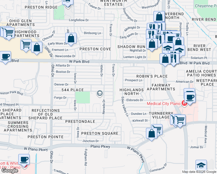 map of restaurants, bars, coffee shops, grocery stores, and more near 4317 Denver Drive in Plano