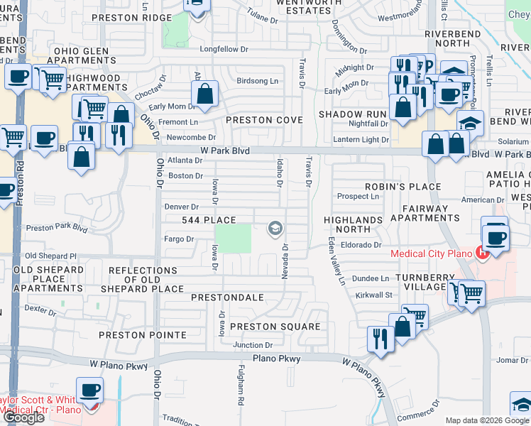 map of restaurants, bars, coffee shops, grocery stores, and more near 4409 Denver Drive in Plano