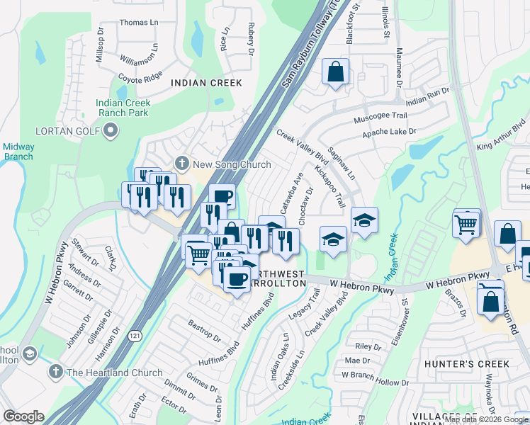 map of restaurants, bars, coffee shops, grocery stores, and more near 4164 Comanche Drive in Carrollton