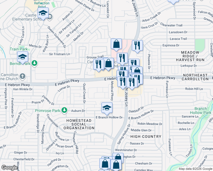 map of restaurants, bars, coffee shops, grocery stores, and more near 1857 Brookview Drive in Carrollton