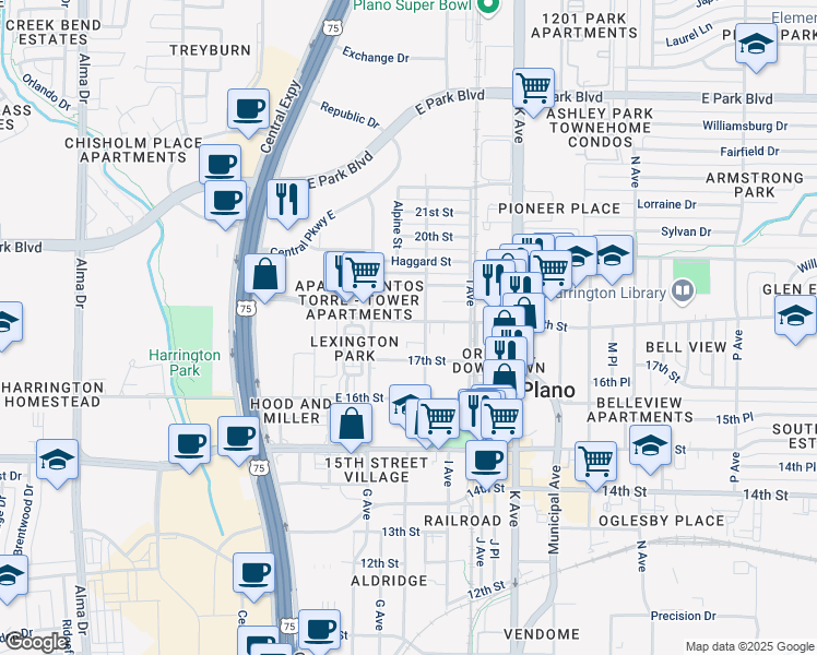 map of restaurants, bars, coffee shops, grocery stores, and more near 813 18th Street in Plano