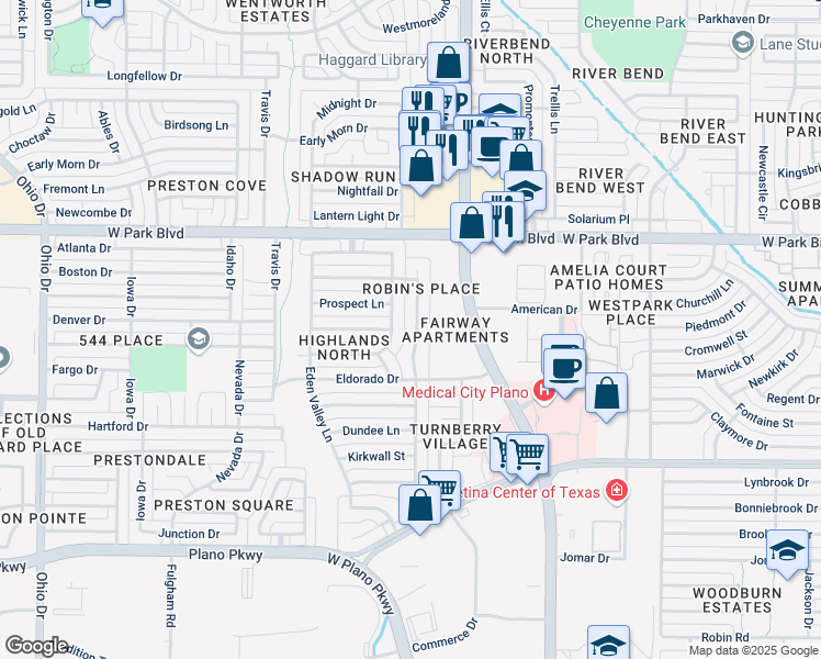 map of restaurants, bars, coffee shops, grocery stores, and more near 1800 Polstar Drive in Plano