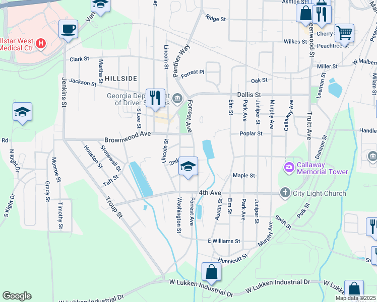 map of restaurants, bars, coffee shops, grocery stores, and more near 1103 1st Avenue in LaGrange