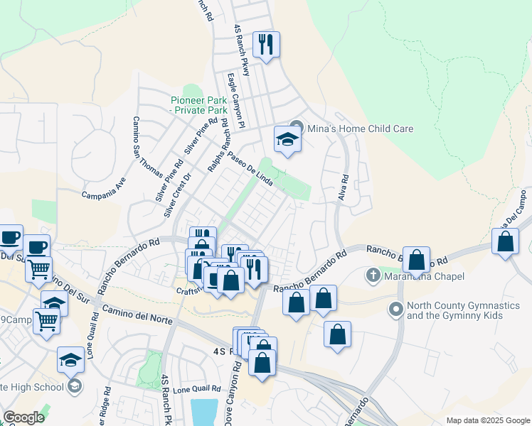 map of restaurants, bars, coffee shops, grocery stores, and more near 10543 Avenida Olinda in San Diego