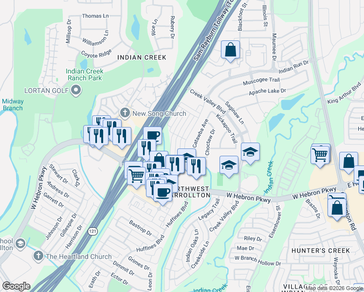 map of restaurants, bars, coffee shops, grocery stores, and more near 4164 Comanche Drive in Carrollton