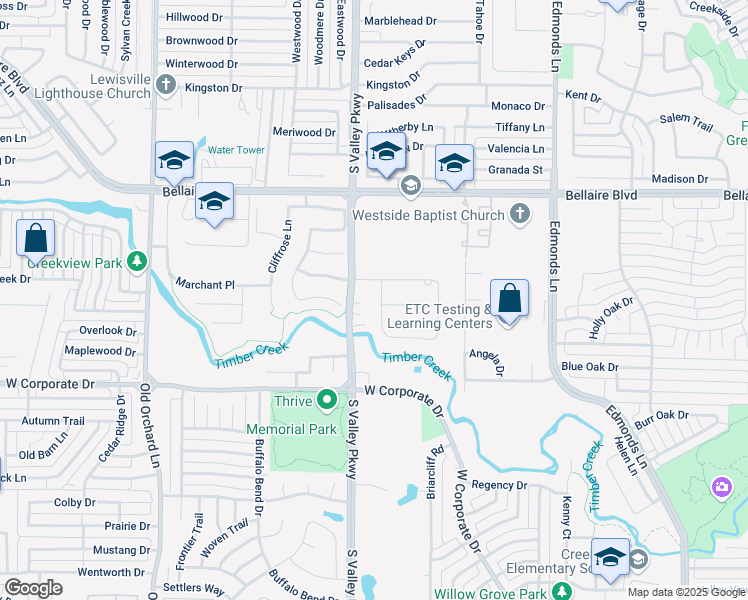 map of restaurants, bars, coffee shops, grocery stores, and more near 904 Timber Creek Drive in Lewisville