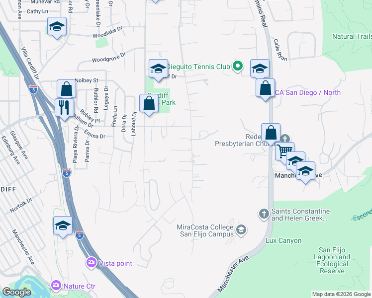 map of restaurants, bars, coffee shops, grocery stores, and more near 1890 Crest Drive in Encinitas