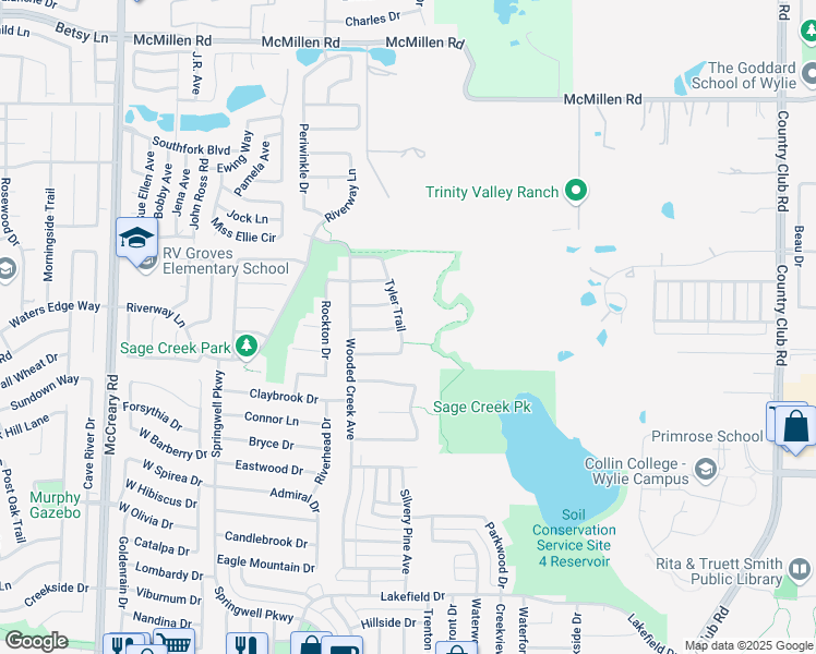 map of restaurants, bars, coffee shops, grocery stores, and more near 906 Tyler Trail in Wylie