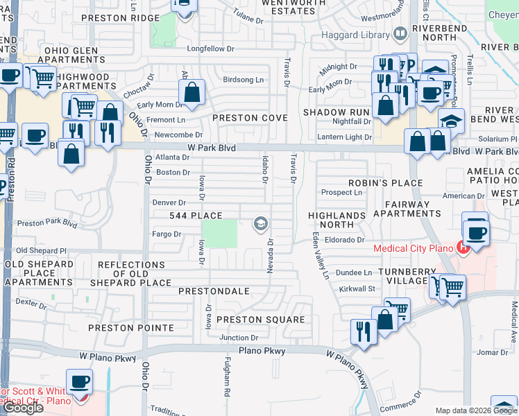 map of restaurants, bars, coffee shops, grocery stores, and more near 4409 Denver Drive in Plano