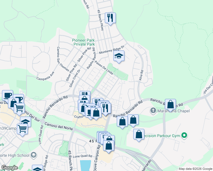 map of restaurants, bars, coffee shops, grocery stores, and more near 17023 Calle Trevino in San Diego