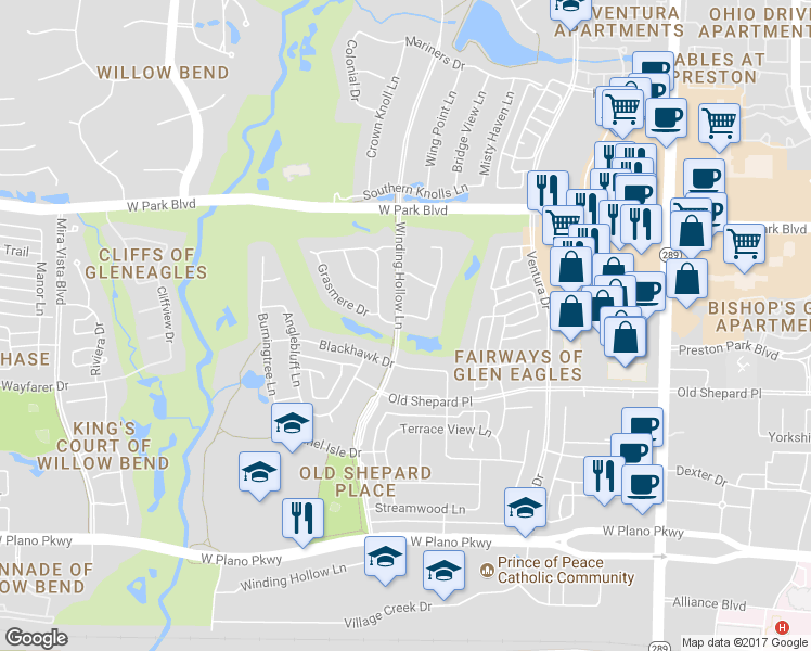 map of restaurants, bars, coffee shops, grocery stores, and more near 5212 Scottish Way in Plano