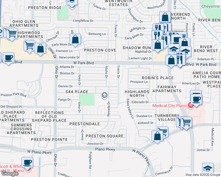 map of restaurants, bars, coffee shops, grocery stores, and more near 4317 Denver Drive in Plano