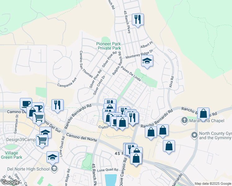 map of restaurants, bars, coffee shops, grocery stores, and more near Camino San Thomas & Laurel Hill Lane in San Diego