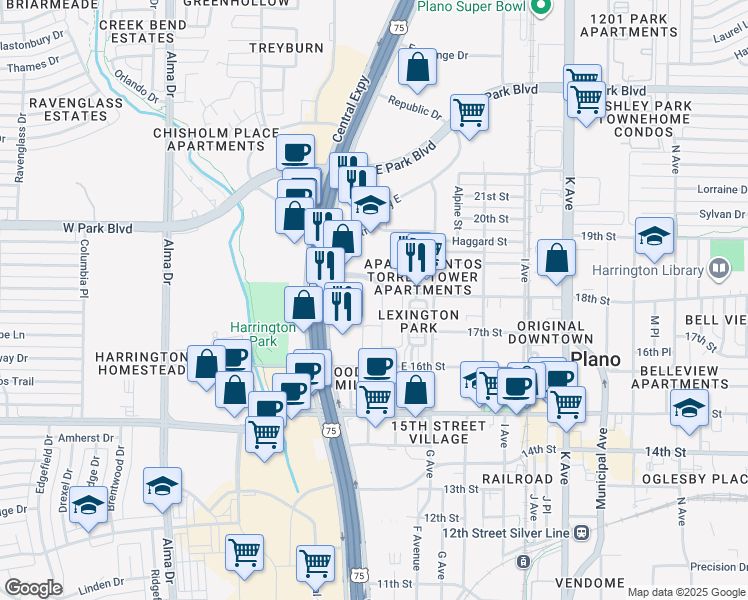 map of restaurants, bars, coffee shops, grocery stores, and more near 558 18th Street in Plano