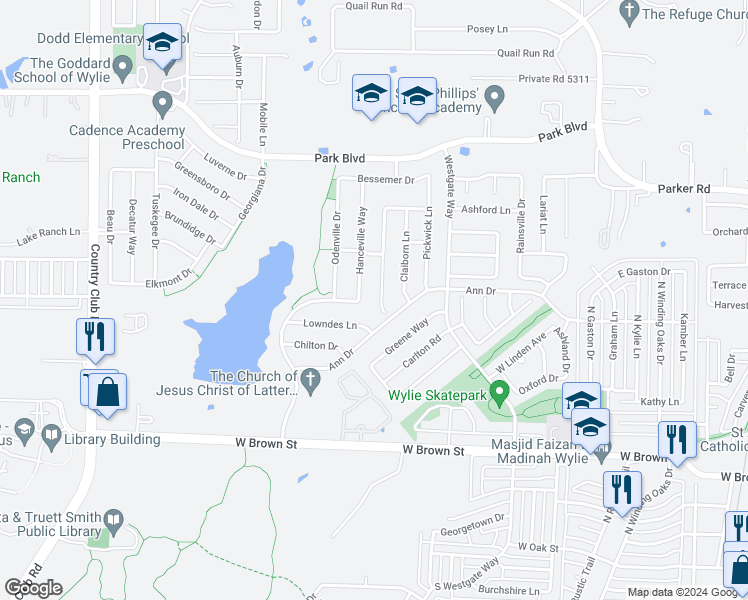 map of restaurants, bars, coffee shops, grocery stores, and more near 609 Gunters Mountain Lane in Wylie
