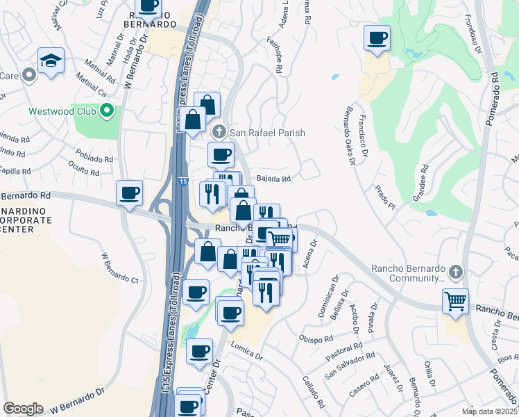 map of restaurants, bars, coffee shops, grocery stores, and more near 17083 Bernardo Center Drive in San Diego