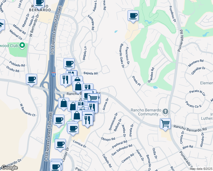 map of restaurants, bars, coffee shops, grocery stores, and more near 12044 Caminito Campana in San Diego