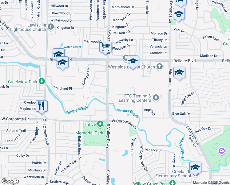 map of restaurants, bars, coffee shops, grocery stores, and more near 904 Timber Creek Drive in Lewisville