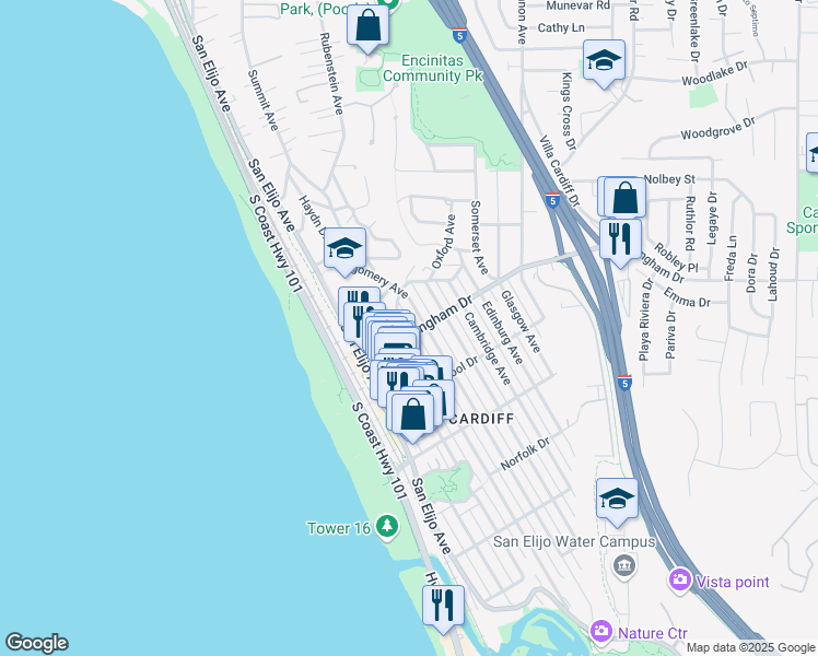 map of restaurants, bars, coffee shops, grocery stores, and more near 1969 Manchester Avenue in Encinitas