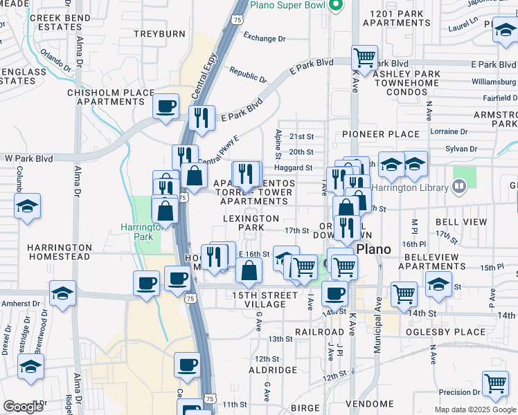 map of restaurants, bars, coffee shops, grocery stores, and more near 1733 G Avenue in Plano
