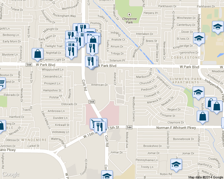 map of restaurants, bars, coffee shops, grocery stores, and more near 3840-3854 American Drive in Plano