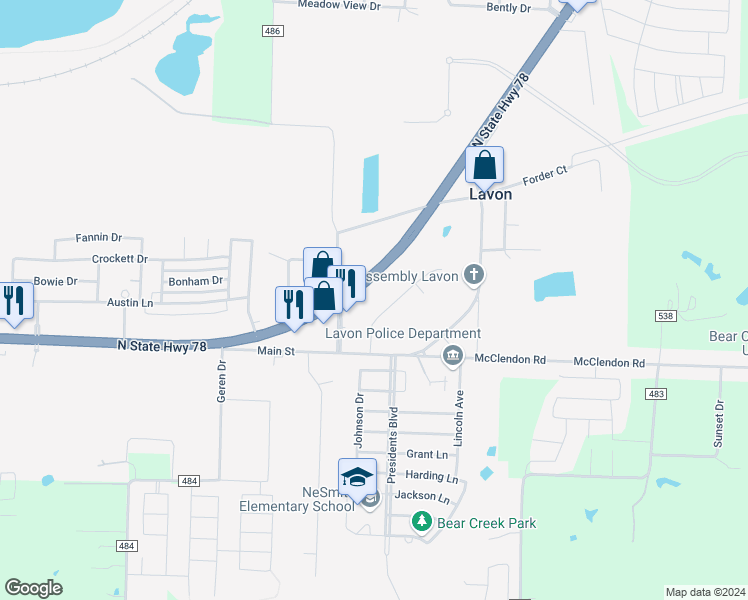 map of restaurants, bars, coffee shops, grocery stores, and more near 439 Wolf Run Court in Lavon