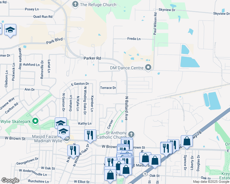 map of restaurants, bars, coffee shops, grocery stores, and more near 502 Grassy Glen Drive in Wylie