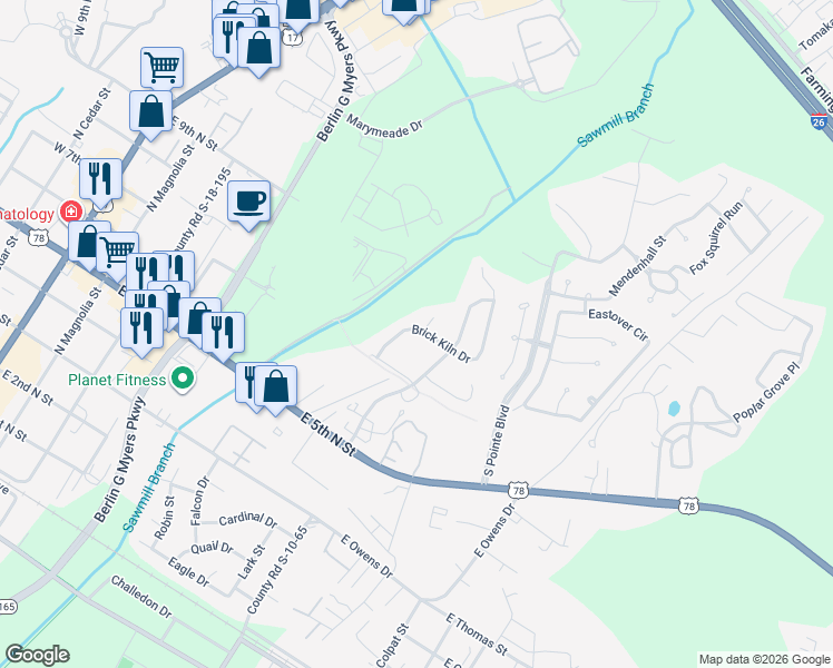map of restaurants, bars, coffee shops, grocery stores, and more near 314 Brick Kiln Drive in Summerville
