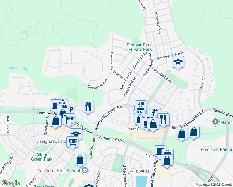 map of restaurants, bars, coffee shops, grocery stores, and more near 16924 Silver Pine Road in San Diego