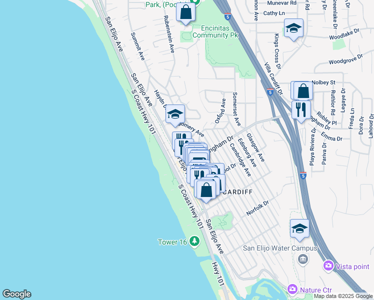 map of restaurants, bars, coffee shops, grocery stores, and more near 119 Mozart Avenue in Encinitas