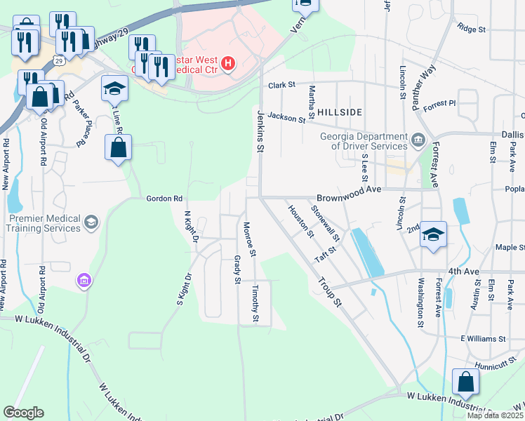 map of restaurants, bars, coffee shops, grocery stores, and more near 804 Troup Street in LaGrange