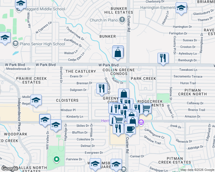 map of restaurants, bars, coffee shops, grocery stores, and more near 1813 Greenway Drive in Plano