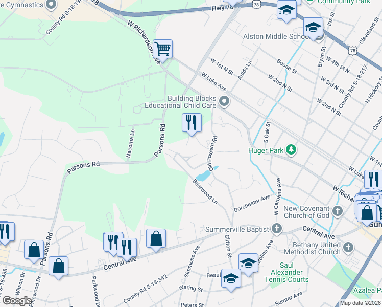 map of restaurants, bars, coffee shops, grocery stores, and more near 103 Scott Court in Summerville