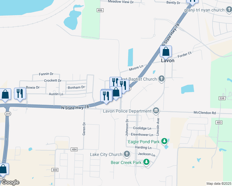 map of restaurants, bars, coffee shops, grocery stores, and more near 411 Texas 78 in Lavon