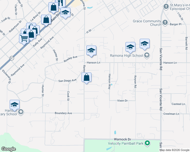 map of restaurants, bars, coffee shops, grocery stores, and more near 1132 Ramona Street in Ramona