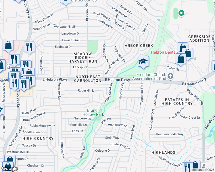map of restaurants, bars, coffee shops, grocery stores, and more near 2022 Vista Crest Drive in Carrollton