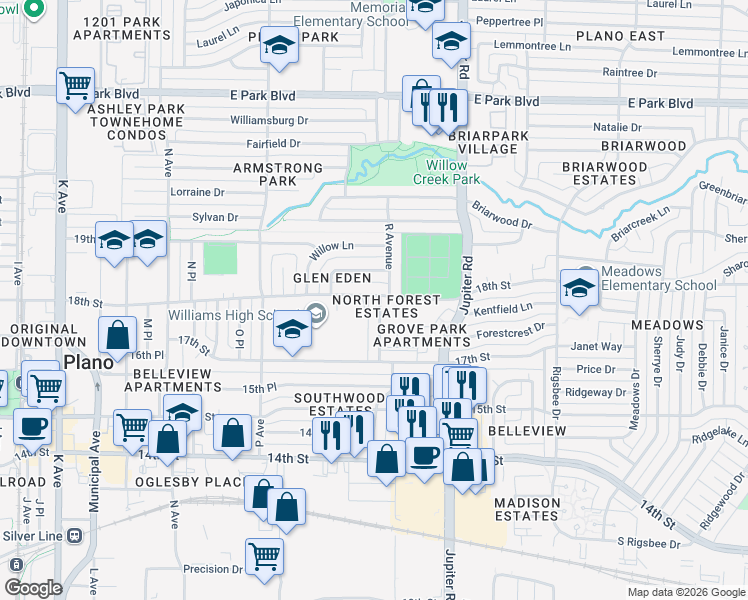 map of restaurants, bars, coffee shops, grocery stores, and more near 1745 R Avenue in Plano