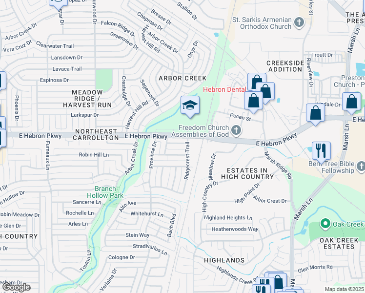 map of restaurants, bars, coffee shops, grocery stores, and more near 2210 Timberline Drive in Carrollton